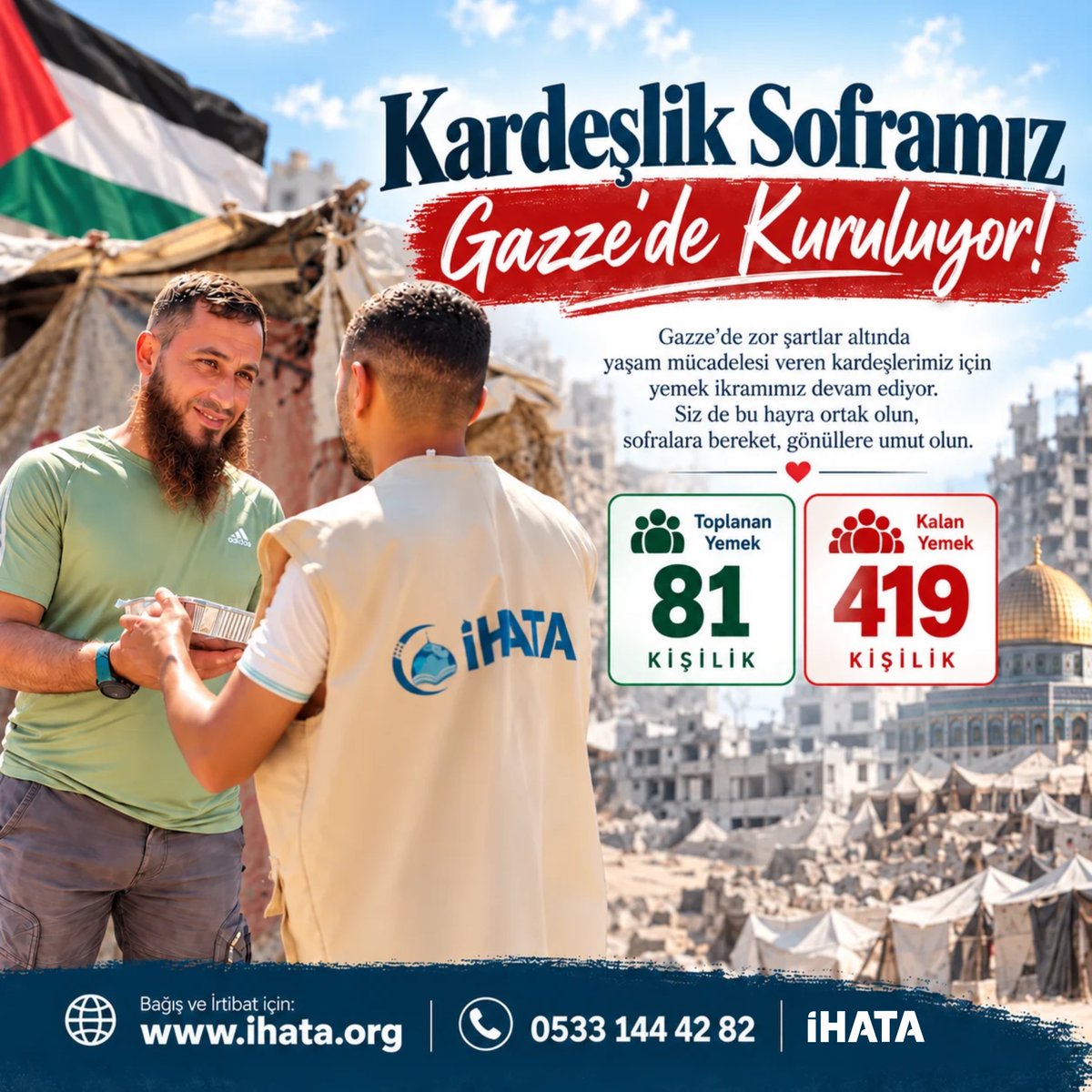 ihatadernegi's tweet photo. 🇵🇸 Kardeşlik Soframız Gazze’de Kuruluyor!

🌐 https://t.co/ZLJrPoEtlB
📞 0533 144 42 82

Allah Teâlâ yapılan ve yapılacak tüm hayırları kabul eylesin. 🤲🇵🇸

#İHATA #Gazze #Filistin #Yemekİkramı #İnsaniYardım #Sadaka #Bağış https://t.co/BP9qDWRumS