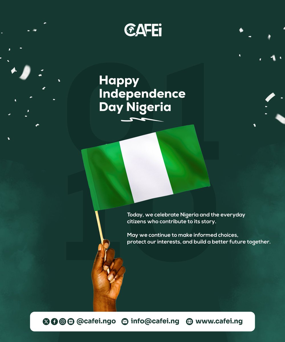 CAFEiNGO's tweet photo. Happy Independence Day, Nigeria! 🇳🇬
Today we celebrate the everyday citizens who keep writing the Nigerian story.
Here’s to making informed choices and building a better future, together. 💚🤍💚
#NigeriaAt66 #CAFEi #independenceday #Algérie https://t.co/pS1NnMQm3o