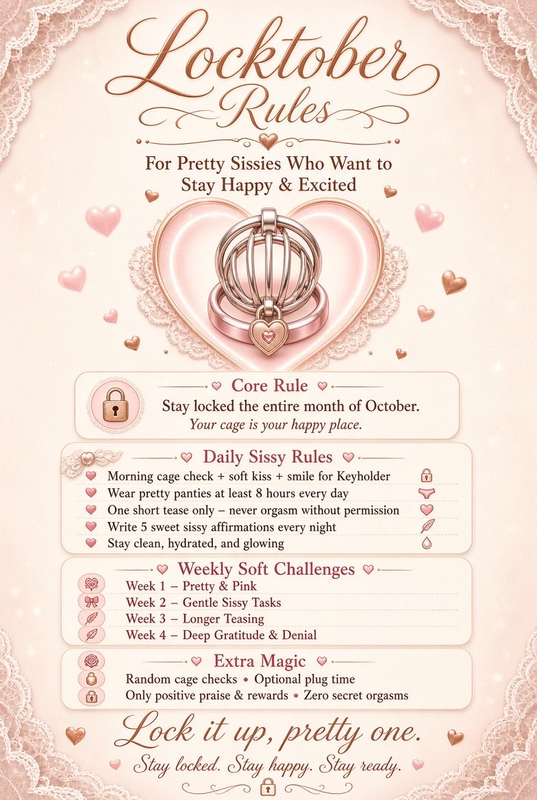 yourheartbeat0's tweet photo. Locktober is here, pretty ones 💕
This month your cage isn’t a punishment…
it’s your happy place.
Stay locked. 🔒 
Stay pretty. 😍 
Stay excited. 😆 
If you’re a good sissy who wants to feel happy, denied, and ready to serve…😻
come closer. Keyholder is watching 🔐✨ https://t.co/P8BYjJbIRT