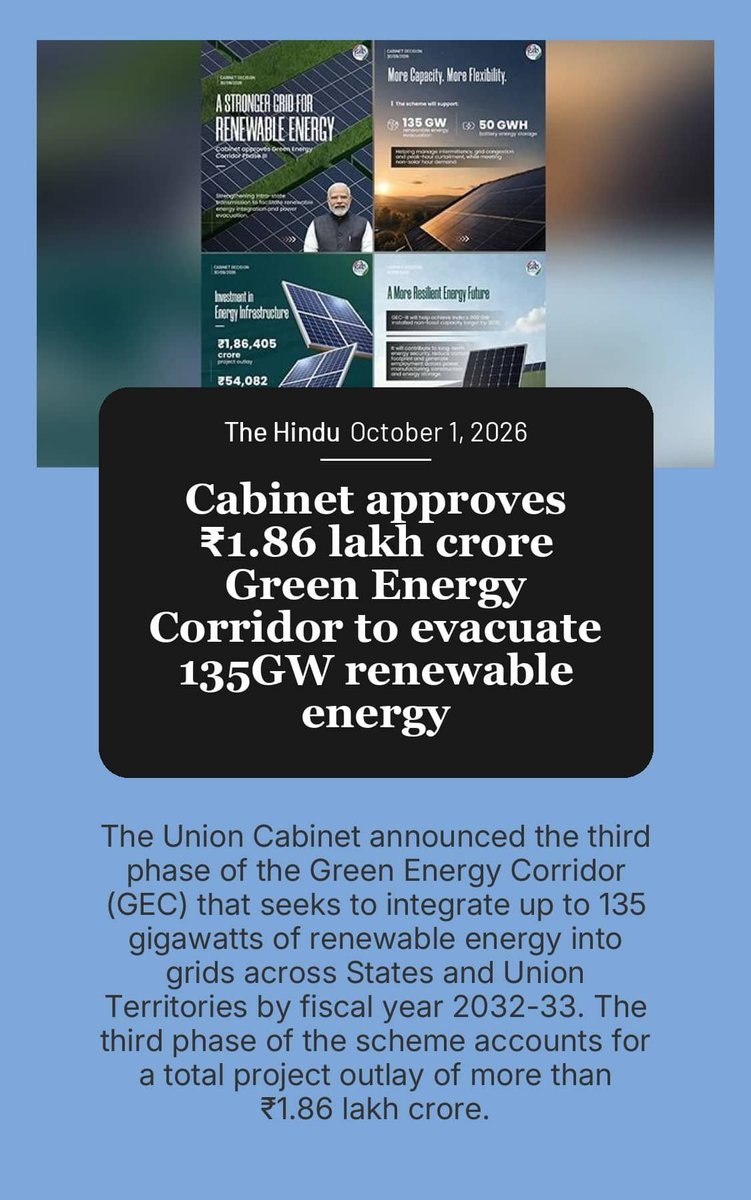 SJVatsal's tweet photo. Cabinet approves ₹1.86 lakh crore Green Energy Corridor to evacuate 135GW renewable energy.
(#Modi #BJP #NewIndia #India
#ModiHaiToMumkinHai #ModiGovt
#PositiveIndia #SankalpSeSidhhi) https://t.co/i3twywesjF