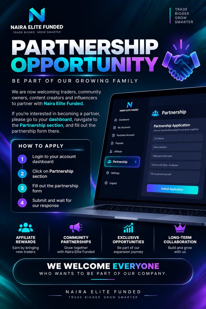 nairaelite's tweet photo. Partnership opportunities are now OPEN at Naira Elite Funded. 🚀
If you want to become part of our company and grow with us, simply log in to your dashboard and head over to the Partnership section.
Fill out the partnership form and our team will review your application.
We’re excited to welcome everyone who wants to build, grow, and be part of the Naira Elite Funded journey. 💙
Your journey with us can start today.
🌐 https://t.co/xGTFDy4ANn
Naira Elite Funded — Turn Skill Into Capital.