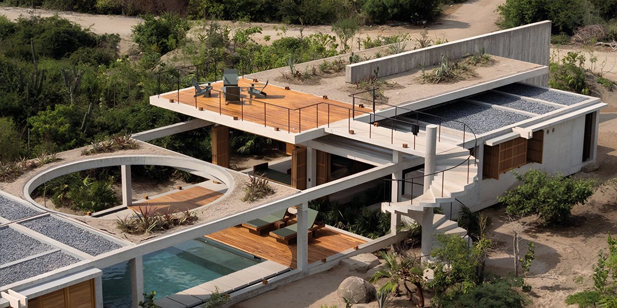 designboom's tweet photo. a concrete house disappears into a garden on the oaxacan coast.

in puerto escondido, TAC taller alberto calleja wraps casa cieno around a central pool and green courtyards, while a planted roof extends the landscape over the building.

https://t.co/Bm2VFEU1IC https://t.co/iXmvQqeG9L