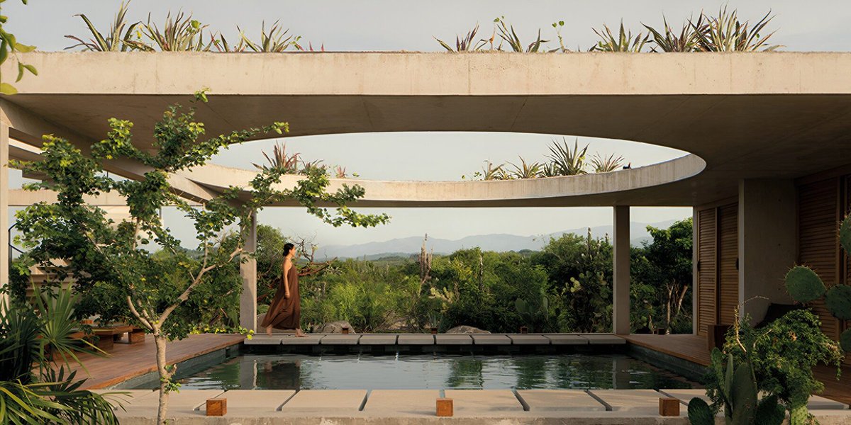 designboom's tweet photo. a concrete house disappears into a garden on the oaxacan coast.

in puerto escondido, TAC taller alberto calleja wraps casa cieno around a central pool and green courtyards, while a planted roof extends the landscape over the building.

https://t.co/Bm2VFEU1IC https://t.co/iXmvQqeG9L
