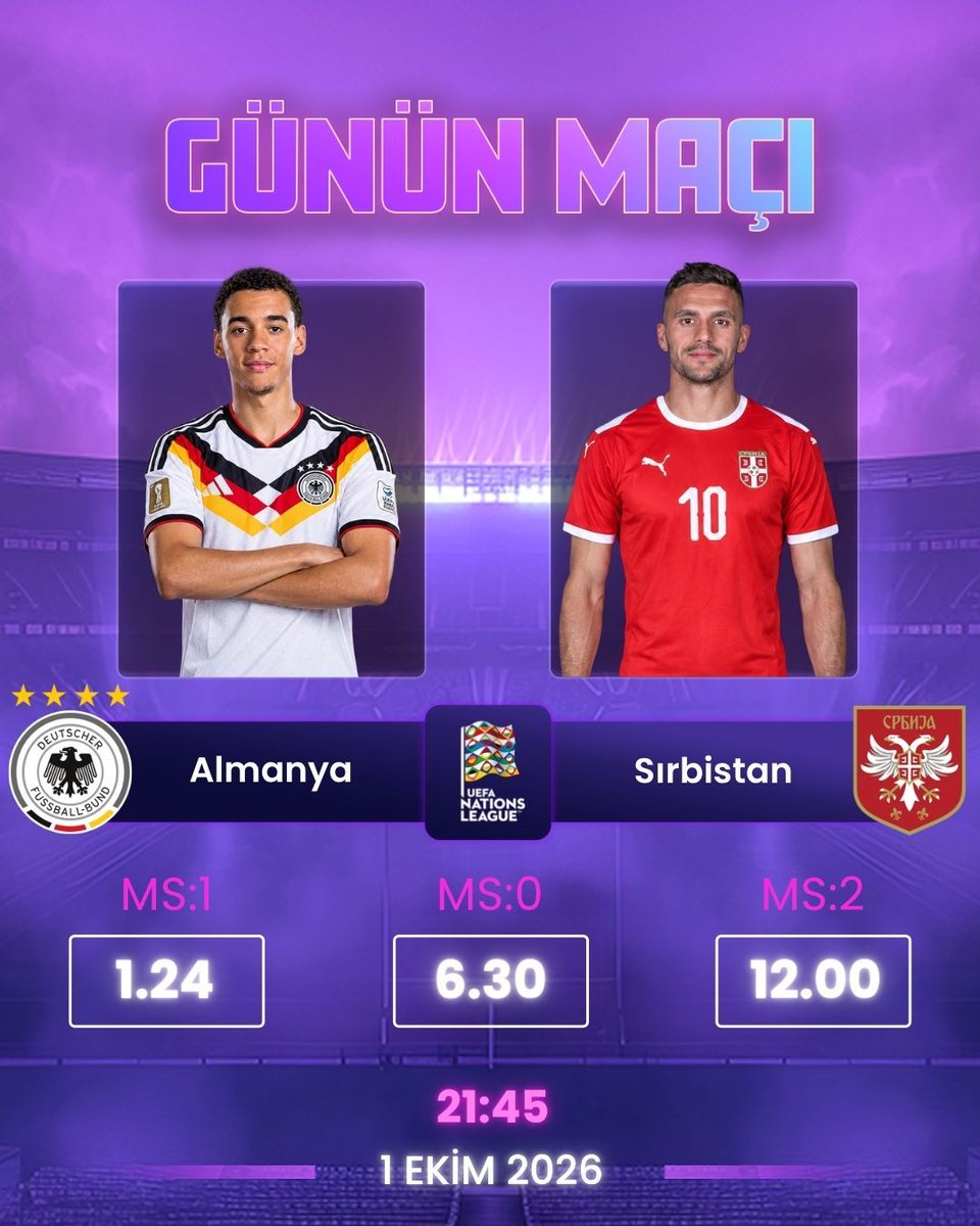 avibetofficial's tweet photo. 🟪GÜNÜN MAÇI: ALMANYA - SIRBİSTAN! 💜 

UEFA Uluslar Ligi'nde dev randevu heyecanı! Almanya sahasında Sırbistan ile kozlarını paylaşıyor!  💜 

Zorlu mücadele bu akşam saat 21:45'te başlayacak!   

Sizce bu dev mücadelede kazanan kim olur? Yorumlara yazın! 👇 https://t.co/6rbywhAaXl