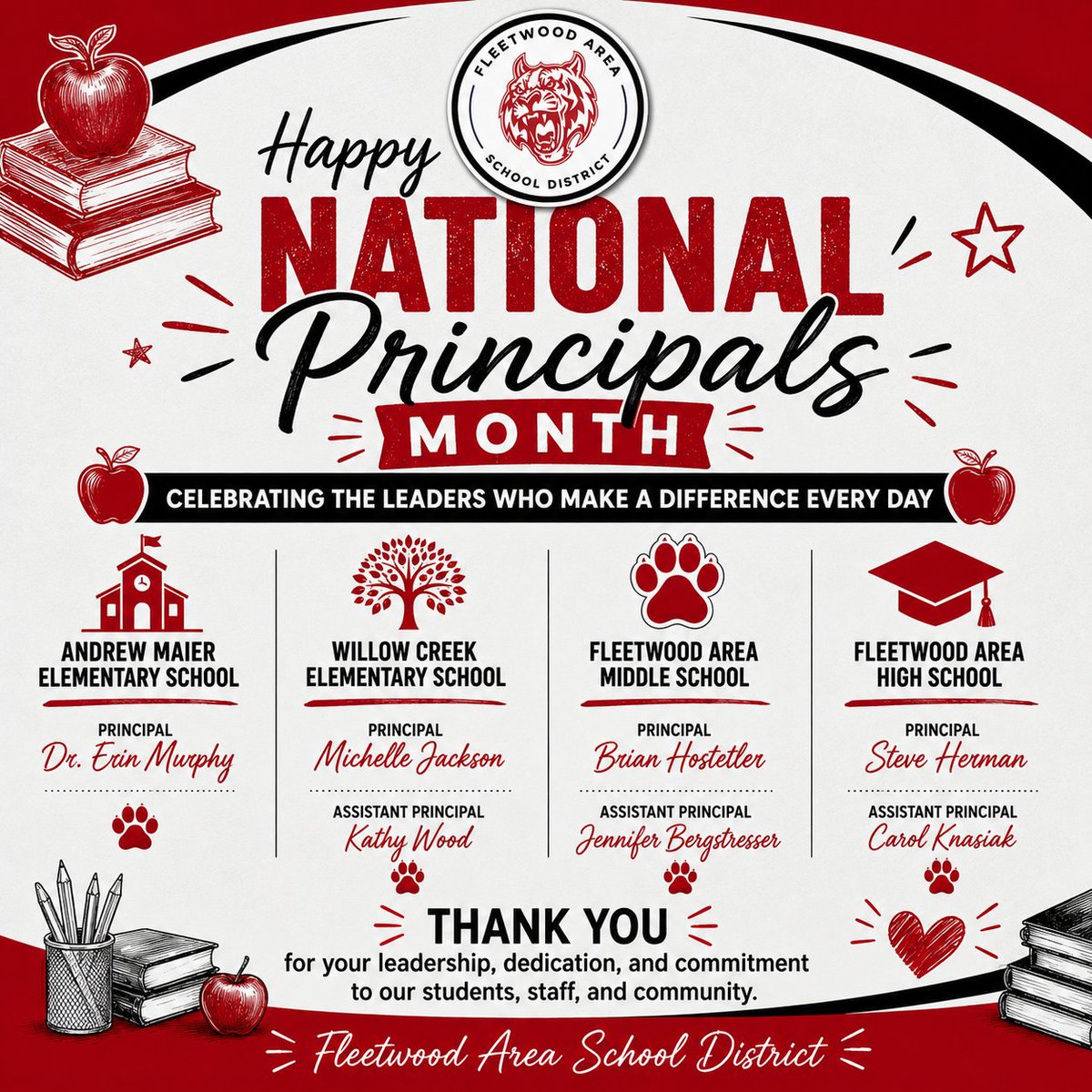 FASDTigers's tweet photo. 🍎 Happy National Principals Month! 🍎
This month, we proudly recognize the dedicated school leaders who help make Fleetwood Area School District a place where students thrive, staff are supported, and families are valued. Thank you to our outstanding administrative team! https://t.co/auoNa83AWr
