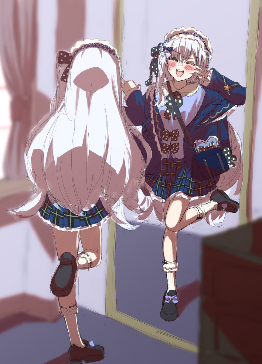 _tan3gt's tweet photo. 思いのほか制服気に入って鏡の前ではしゃいでるアンアンちゃん　#まのさば二次創作 https://t.co/QKf61Duie8