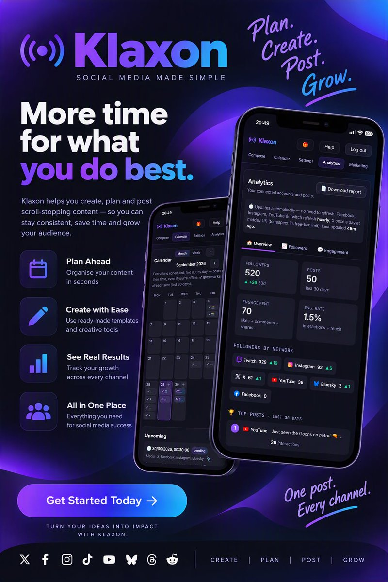 WingersTTV's tweet photo. Meet Klaxon 📢 the posting hub that writes once, publishes everywhere, schedules ahead &amp; auto-announces when you go live. One dashboard. All your platforms. Your content, amplified.

#Klaxon #StreamerTools #ContentCreator #SocialMediaMarketing #StreamingCommunity https://t.co/oO1wNBX7bL