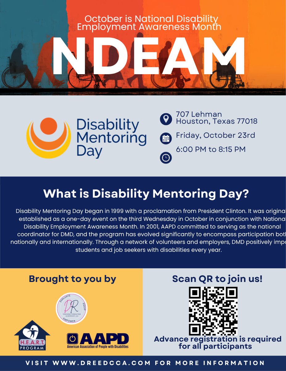theheartprogram's tweet photo. This year for National Disability Employment Awareness Month, H.E.A.R.T. is hosting a special event in collaboration with D. Reed Coaching, Consulting, &amp; Advocacy, LLC and American Association of People with Disabilities.
Sign up at the link below!
https://t.co/B7QKBRjT6e https://t.co/qn7ZLUDXOn