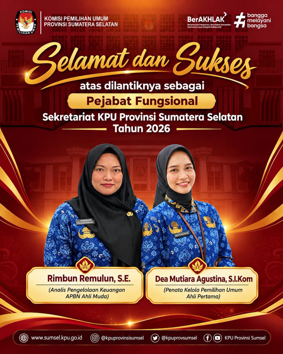 kpusumsel's tweet photo. #Temanpemilih Selamat dan sukses atas dilantiknya Pejabat Fungsional Sekretariat KPU Provinsi Sumatera Selatan Tahun 2024. Selamat menjalankan tugas dengan sebaik-baiknya dengan penuh integritas

#KPUmelayani https://t.co/T9oYhtam0G