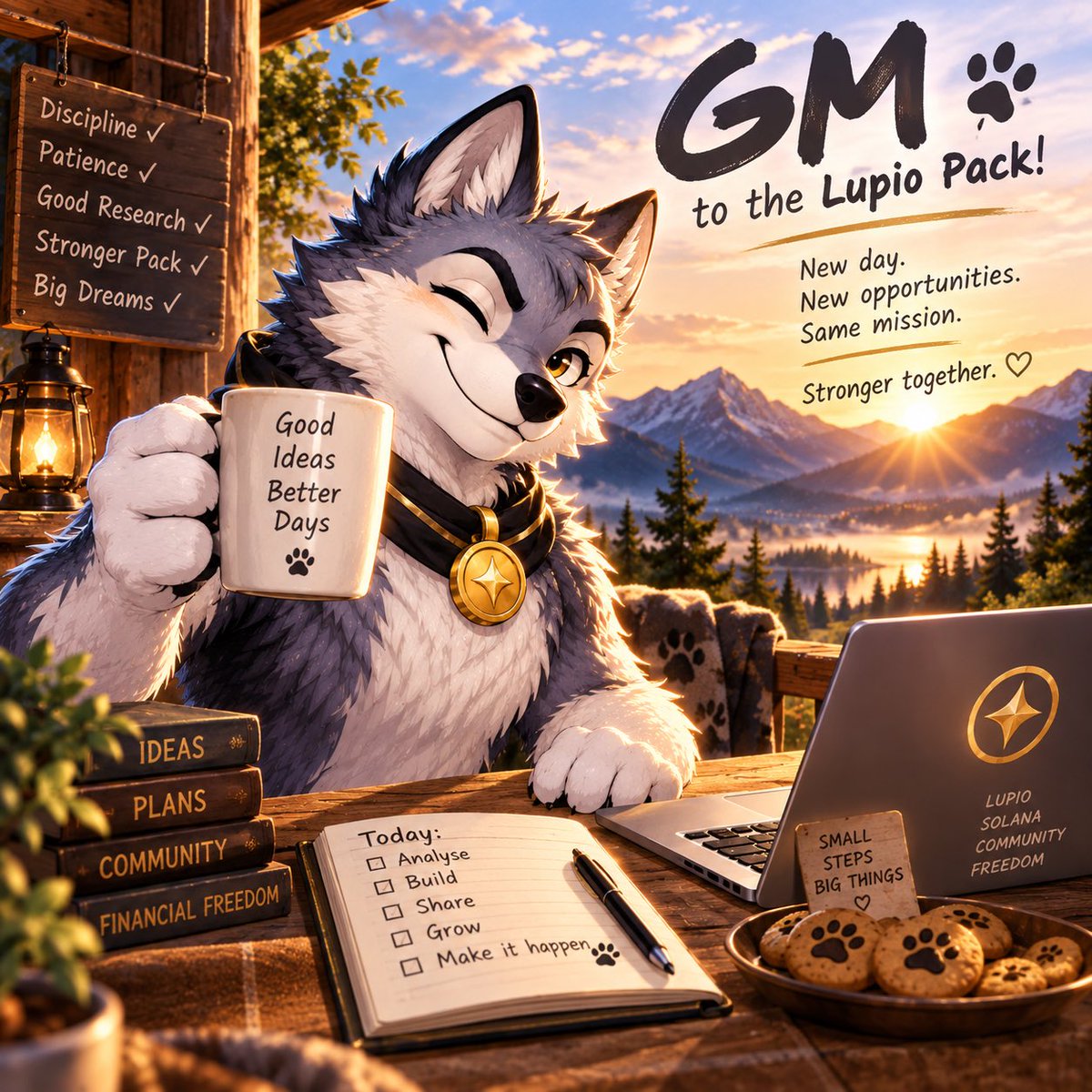 LupioWorld's tweet photo. GM, pack. 🐺☀️
New day. Clear mind. Same mission.
Lupio is awake, the coffee is strong, and October 4 is getting closer.

What are you building today?

#Lupio #Solana https://t.co/3xTQ4CiOvJ