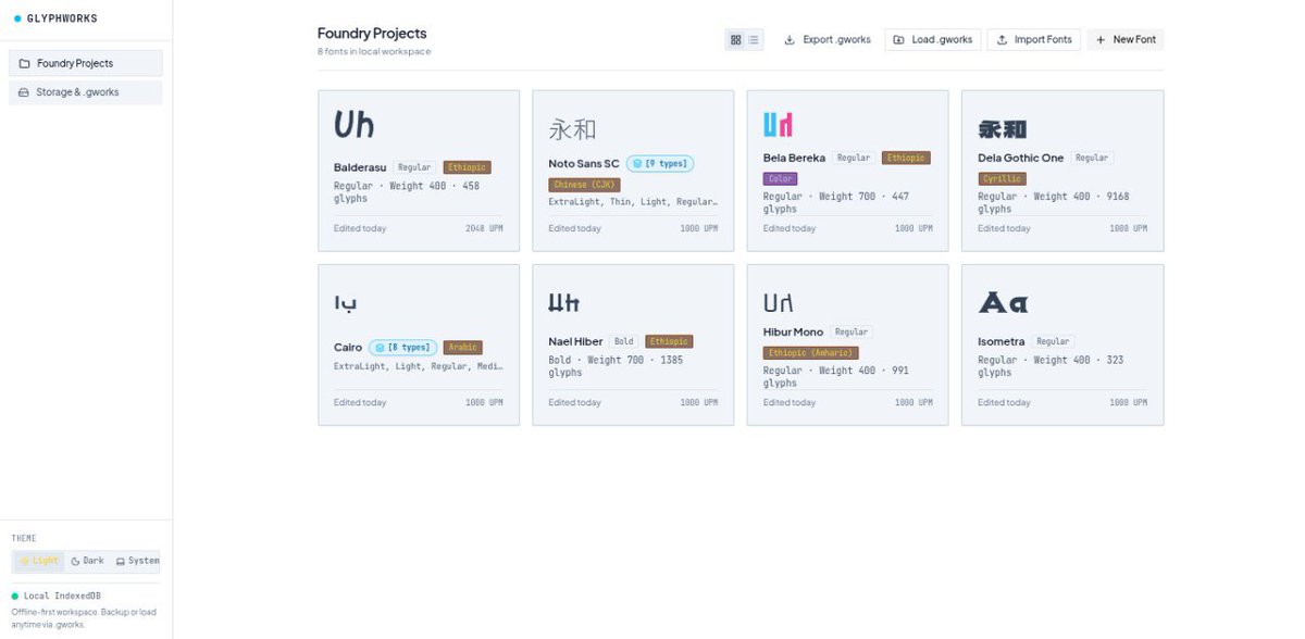 Milkeybear1416's tweet photo. GlyphWorks — a full font editor that runs entirely in your browser.

Draw, edit, import TTF/OTF, build font families, and export ".gworks".

No downloads. No account.

https://t.co/boSGtiyMlX https://t.co/PKH8j4x0YF