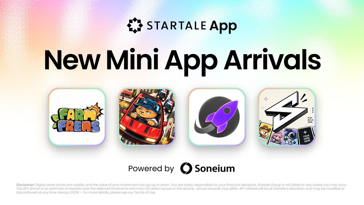 StartaleApp's tweet photo. New Mini Apps, new ways to play 🕹️

Four new arrivals just went live on Startale App. Build, play, and trade with your friends in this new collection of Mini Apps.

Meet the new lineup on @soneium 👇 https://t.co/TSLDHFFMha