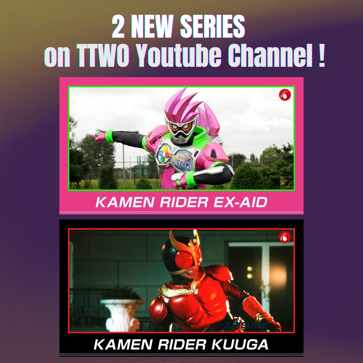 KamenRider_EN's tweet photo. It’s October and time to meet the next Riders joining the lineup! 🏍️✨
We’re bringing two more Kamen Rider series to TTWO this month!

Kamen Rider episodes drop weekly across three series:
 - Mondays:  Kamen Rider MY-TH (1 episode)
 - Thursdays: Kamen Rider KUUGA (2 episodes)*: Starting 10/8
 - Fridays: Kamen Rider EX-AID (2 episodes)*: Starting 10/2

*Kamen Rider KUUGA and EX-AID are available globally (excluding Japan & China)

Don’t miss out, subscribe and turn on notifications!
https://t.co/OW6i6zToMr

#KamenRider #Tokusatsu
