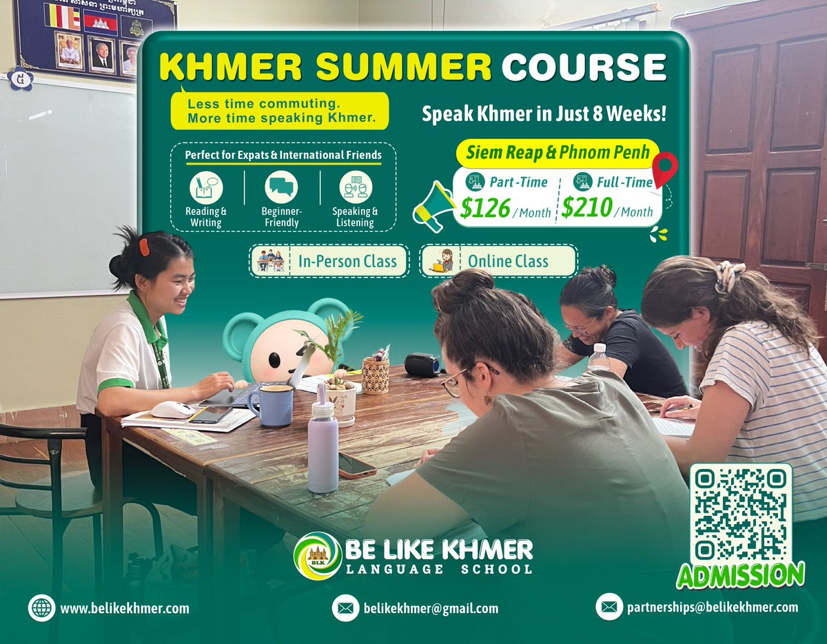 belikekhmer's tweet photo. ☀️ Khmer Summer Course is Here — Join Now! ✨

📚 Beginner Classes Available
🗣 Speaking &amp; Listening
✍️ Reading &amp; Writing

⏰ Flexible Schedules
🌟 Full-Time (Mon–Fri) — $210/month
🌟 Part-Time (Mon/Wed/Fri or Tue/Thu/Sat) — $126/month

📍Register here: https://t.co/RpgrOr02aB https://t.co/asNYziXQp1