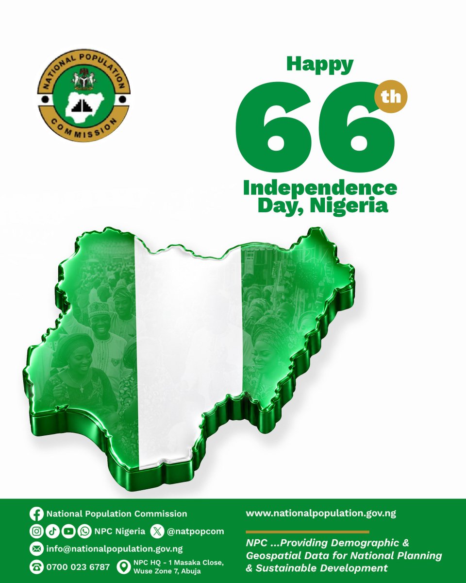 natpopcom's tweet photo. Happy 66th Independence Day, Nigeria 🇳🇬, from all of us at National Population Commission.

#NigeriaAt66 https://t.co/soU3BmUMAE