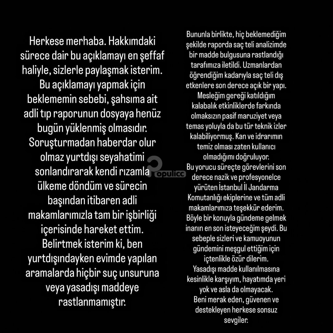 populicc's tweet photo. Saç örneğinde 'kokain' tespit edilen Afra Saraçoğlu:

"Uzmanlardan öğrendiğim kadarıyla saç teli dış etkenlere son derece açık bir yapı.

Mesleğim gereği katıldığım kalabalık etkinliklerde farkında olmaksızın pasif maruziyet veya temas yoluyla da bu tür teknik izler kalabiliyormuş.

Kan ve idrarımın temiz olması zaten kullanıcı olmadığımı doğruluyor."