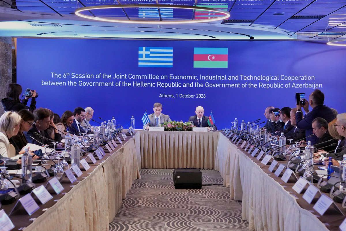 ParvizShahbazov's tweet photo. In Athens, we co-chaired the 6th meeting of the #IntergovernmentalCommission with Theoharis Theoharis, Deputy Minister of Foreign Affairs of Greece. We reviewed opportunities to expand bilateral partnership across all areas and advance new projects and initiatives. The signing of the #JointActionPlan for 2026-2028 in the field of #tourism, together with the agreements reached, will contribute to further strengthening our economic partnership.