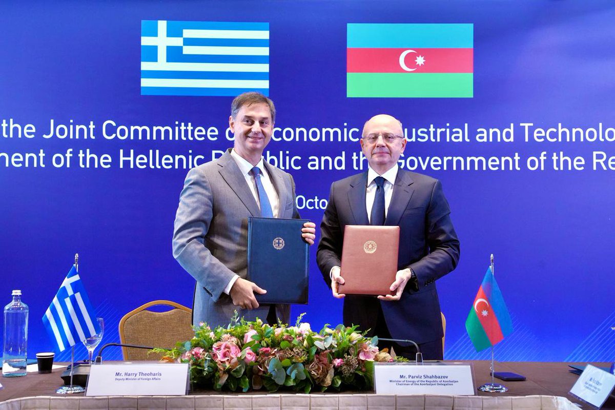 ParvizShahbazov's tweet photo. In Athens, we co-chaired the 6th meeting of the #IntergovernmentalCommission with Theoharis Theoharis, Deputy Minister of Foreign Affairs of Greece. We reviewed opportunities to expand bilateral partnership across all areas and advance new projects and initiatives. The signing of the #JointActionPlan for 2026-2028 in the field of #tourism, together with the agreements reached, will contribute to further strengthening our economic partnership.