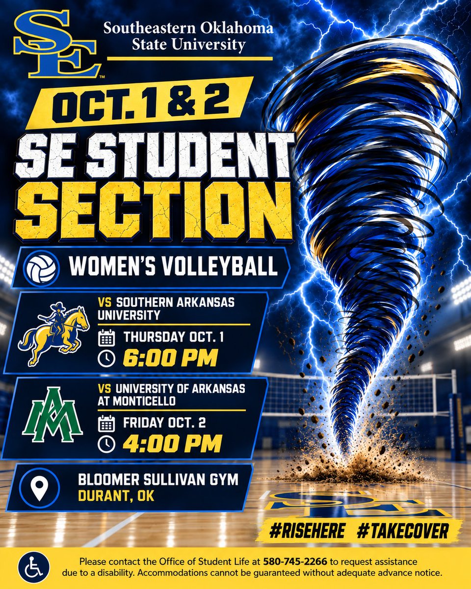SEOSL's tweet photo. Two nights, one gym. 🌪️ SE Volleyball hosts Southern Arkansas Thursday, October 1 at 6 PM and Arkansas at Monticello Friday, October 2 at 4 PM in Bloomer Sullivan Gym. Students, wear blue and fill the section. 

#RiseHere #TakeCover #SESpirit #SEVibe #ProudToBeSE #GoSoutheastern https://t.co/x5N5ahAl3Q