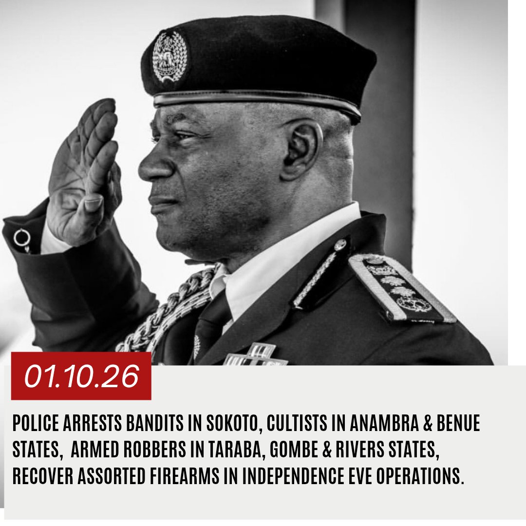 CspIniedu's tweet photo. 🚨 BREAKING NPF OPERATIONAL UPDATES 🚨 

Kindly find below the State-by-State Executive Summary of @policeNG Operational Successes for 1st October, 2026:

1. BENUE STATE (30th September, 2026): ARREST OF SUSPECTED CULTIST / RECOVERY OF FIREARMS AND AMMUNITION

✅ Police operatives successfully arrested a suspected cultist who brandished a firearm and threatened persons at a market square in Aliade.

✅ One English pistol with five rounds of live ammunition, one locally fabricated pistol with four cartridges, and charms were successfully recovered from the suspect.

🔹 Status: SCID Makurdi Investigating.

2. ANAMBRA STATE (30th September, 2026): ARREST OF NOTORIOUS CULTIST / RECOVERY OF FIREARM AND AMMUNITION

✅ Police operatives, acting on credible intelligence, successfully arrested a suspected cultist in Okpoko.

✅ One locally made double-barrel pistol, one live cartridge and charms were successfully recovered from the suspect.

🔹 Status: SCID Awka Investigating.

3. KANO STATE (29th September, 2026): ARREST OF SUSPECT IN CULPABLE HOMICIDE / RECOVERY OF EXHIBITS

✅ Police operatives successfully arrested a suspect linked to a fatal knife attack in Farm Centre, Kano.

✅ One Kia vehicle, mobile phones, a bag and footwear connected to the incident were successfully recovered.

🔹 Status: SCID Kano Investigating.

4. TARABA STATE (30th September, 2026): ARREST OF ARMED ROBBERY SUSPECT / RECOVERY OF FIREARM

✅ Police operatives successfully arrested a suspected armed robber linked to a robbery at gunpoint in Mararaba.

✅ One locally made pistol and five cartridges were successfully recovered from the suspect.

🔹 Status: SCID Jalingo Investigating.

5. SOKOTO STATE (29th September, 2026): ARREST OF SUSPECTED ARMED BANDIT / RECOVERY OF RUSTLED ANIMAL

✅ Police operatives, acting on credible intelligence, successfully arrested a suspected armed bandit at Tangaza Market.

✅ One goat, reportedly rustled from a grazing reserve, was successfully recovered from the suspect.

🔹 Status: SCID Sokoto Investigating.

6. GOMBE STATE (30th September, 2026): ARREST OF SUSPECT IN ARMED ROBBERY / CULPABLE HOMICIDE CASE

✅ Police operatives successfully arrested a suspect linked to a reported armed robbery and culpable homicide case in Funakaye LGA.

🔹 Status: SCID Gombe Investigating.

7. EKITI STATE (30th September, 2026): ARREST OF SUSPECT IN RAPE CASE / MEDICAL ASSISTANCE TO VICTIM

✅ Police operatives successfully arrested a suspect linked to the reported rape of a 15-year-old girl in Ado-Ekiti.

✅ The victim was taken to the Police Cottage Hospital for medical examination and treatment.

🔹 Status: SCID Ado-Ekiti Investigating.

8. OGUN STATE (30th September, 2026): ARREST OF SUSPECT IN DEFILEMENT CASE / MEDICAL ASSISTANCE TO VICTIM

✅ Police operatives successfully arrested a suspect linked to a reported defilement case involving an 8-year-old girl.

✅ The victim was taken to hospital for medical examination and treatment.

🔹 Status: SCID Abeokuta Investigating.

9. OSUN STATE (30th September, 2026): ARREST OF SUSPECT IN MURDER CASE

✅ Police operatives successfully arrested one suspect linked to the death of a 22-year-old male in Ikire.

✅ The scene was successfully documented and the corpse recovered and deposited at the morgue for preservation.

🔹 Status: SCID Osogbo Investigating.

10. LAGOS STATE (29th September, 2026): ARREST OF SUSPECTS FOR UNLAWFUL DREDGING

✅ Police detectives successfully arrested two suspects allegedly involved in unlawful dredging activities close to a petroleum pipeline at Okeogun Community, Ibeju-Lekki.

✅ The arrests helped prevent further activities that could expose the pipeline to damage.

🔹 Status: SCID Ikeja Investigating.

#PoliceIsYourFriend#CitizensAreTheBoss
@PoliceNG @TunjiDisu1

CSP ANI INIEDU, anipr
FORCE PUBLIC RELATIONS OFFICER
FORCE HEADQUARTERS, ABUJA