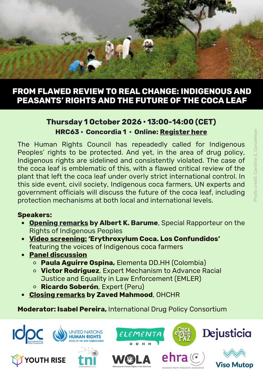 IDPCnet's tweet photo. HAPPENING NOW at #HRC63 🌿

Indigenous and peasant rights cannot remain sidelined in drug policy. Join us to discuss the flawed coca-leaf review—and the path to real change. https://t.co/Efd6XoKgo2 https://t.co/oynxu5QG8f