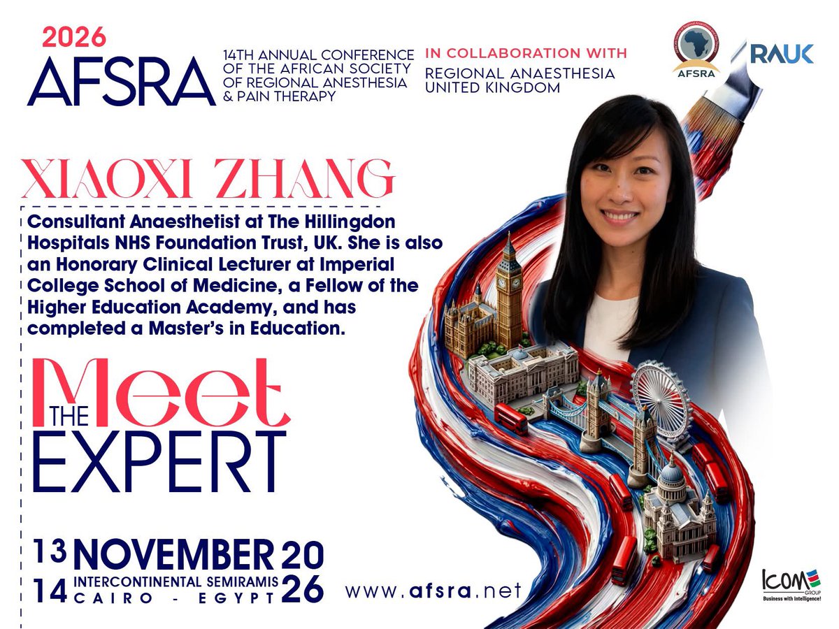 AFSRA10's tweet photo. A global expert joins the stage at #AFSRA2026 ✨with @RegionalAnaesUK 
We are delighted to announce the participation of @xiaoxi_6  bringing outstanding experience and international insight to this year’s conference.
An event where science, innovation, and expertise meet.

Abstract Submission Link: https://t.co/lHGL5G1hXr
Physical Registration: https://t.co/iMpVCJejSv
Virtual Registration: https://t.co/jKhRk4ar1q
Pre-Congress Fluoroscopy-Guided Pain Workshop: https://t.co/MAF0escm9X
Website: https://t.co/NACgwA0oNE

📅13-14 Nov 2026
👉 InterContinental Semiramis Cairo, Egypt
