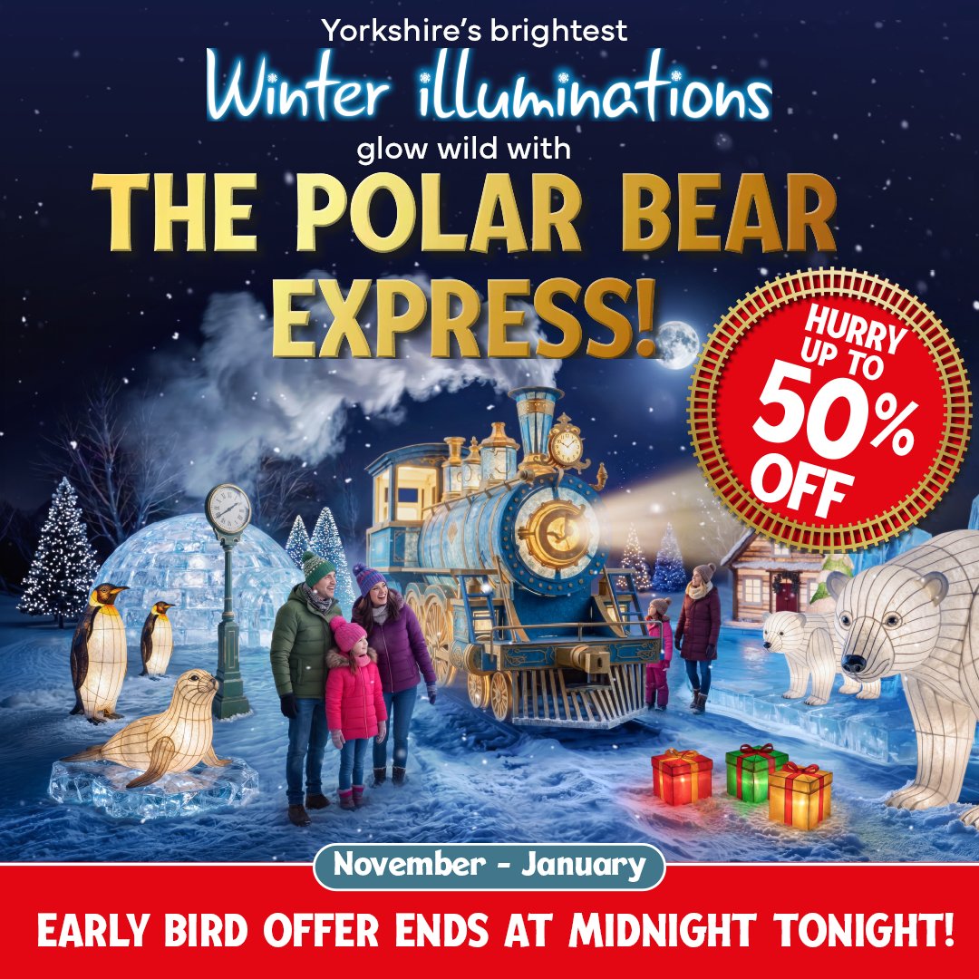 YorkshireWP's tweet photo. 🚨✨ EARLY BIRD OFFER ENDS TONIGHT! ✨🚨

Experience the magic of The Polar Bear Express and step into a 3km trail of shining lights and lanterns. ✨🐻‍❄️ OFFER ENDS AT MIDNIGHT!

Book Now! 👉 https://t.co/94FEdANmpa

*Additional charges apply. https://t.co/pmR3bJiWFV