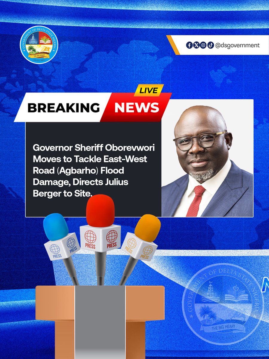 DSGovernment's tweet photo. Following the flood damage to the East-West Road at Agbarho, Governor Sheriff Oborevwori has moved to address the situation, directing Julius Berger to immediately mobilise to the affected section. https://t.co/l3lWKhItON