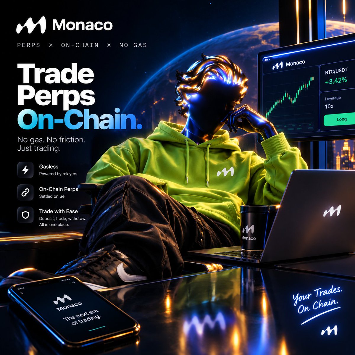 Sound_web3's tweet photo. Just finished the @MonacoTrading task on @sndcapp 

I Had to connect my wallet, get test USDC, go through the different steps, and actually open a BTC position on Monaco.

The trade ended up being a really nice one too cos I haven't made a trade on BTC before 😅. 

For anyone wondering, Monaco is a decentralized trading layer built on Sei, focused on fast onchain trading. It uses a central limit order book (CLOB) and supports spot and perpetual markets, with trades settling on Sei. 

What I liked about the task was that it wasn't just clicking through a guide. I actually got to experience the flow:
→ Connect wallet
→ Claim test USDC
→ Open a position
→ Trade BTC perps
→ Complete the guide + Syndicate tasks
And yeah… that BTC trade made the whole thing even better 😂.

So y'all should check it out 😊 
Link below 👇🏼