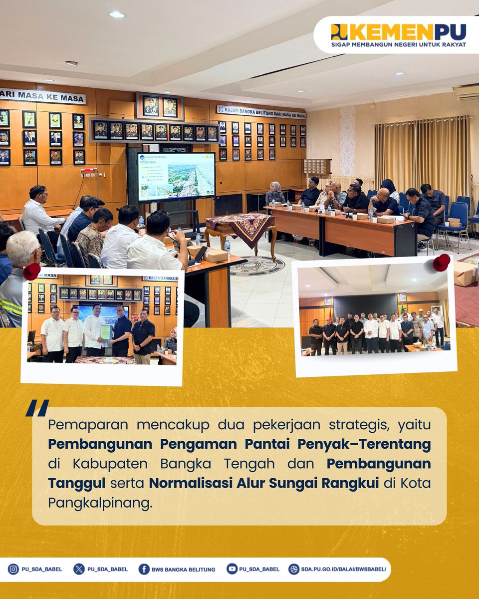 pu_sda_babel's tweet photo. Kementerian Pekerjaan Umum melalui BWS Bangka Belitung melaksanakan pemaparan pengawalan dan pengamanan proyek strategis Tahun 2026, sekaligus penandatanganan Pakta Integritas pada Kamis, 1 Oktober 2026.
#KementerianPU #BWSBangkaBelitung #ProyekStrategis #PaktaIntegritas https://t.co/ikIx5HwXNC