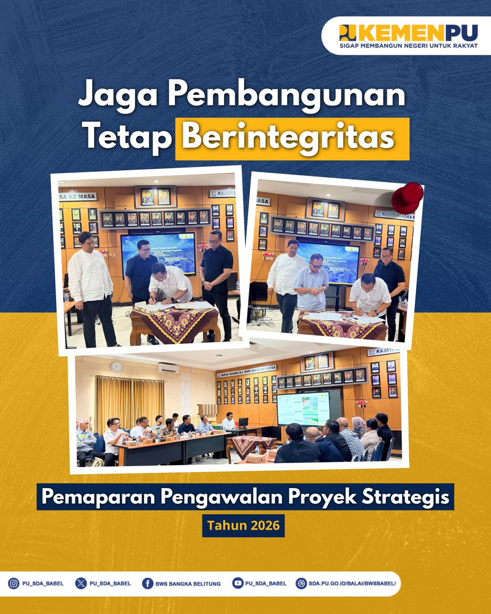 pu_sda_babel's tweet photo. Kementerian Pekerjaan Umum melalui BWS Bangka Belitung melaksanakan pemaparan pengawalan dan pengamanan proyek strategis Tahun 2026, sekaligus penandatanganan Pakta Integritas pada Kamis, 1 Oktober 2026.
#KementerianPU #BWSBangkaBelitung #ProyekStrategis #PaktaIntegritas https://t.co/ikIx5HwXNC