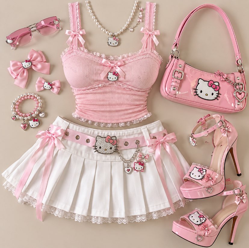 PinkPrivilege5's tweet photo. A pink Hello Kitty crop top and white pleated skirt styled with matching bows, bag, heels, and accessories. https://t.co/SVXtAGqvxx