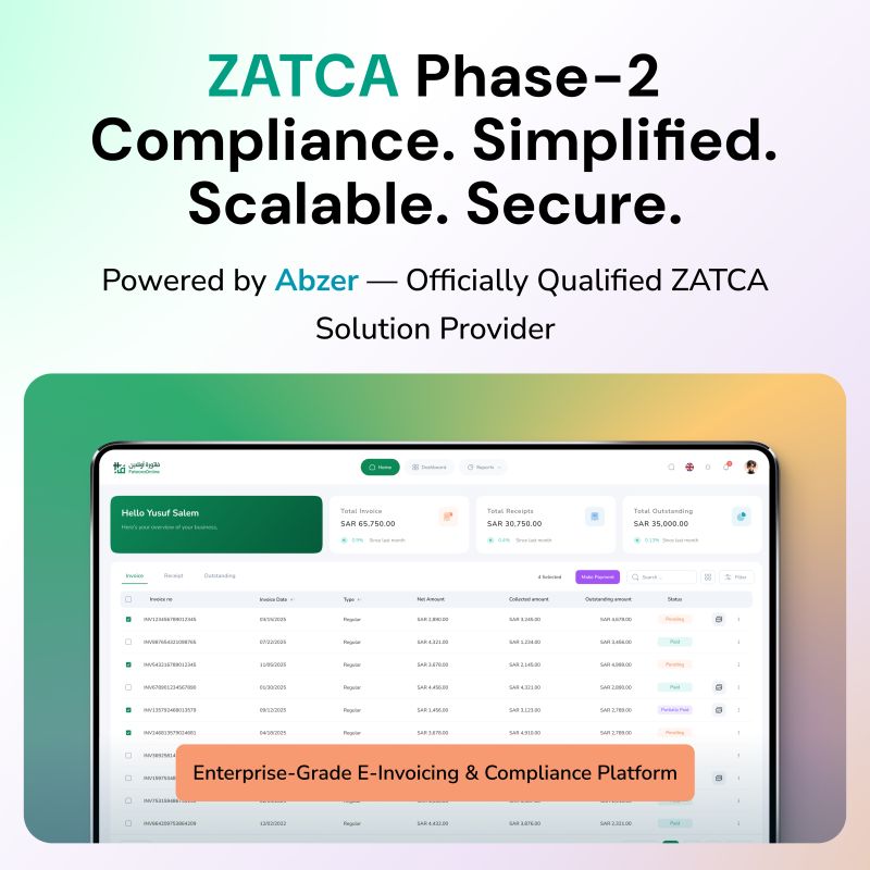 abzer_tech's tweet photo. ZATCA Phase 2 e-invoicing for modern finance operations
FatooraOnline provides businesses across Saudi Arabia with
• Real-time invoice clearance
• Secure PDF-A/3 + XML archival
• Saudi data residency
• API-ready integration
https://t.co/yZWT8BNomD
#ZATCA #EInvoicing #abzer https://t.co/mMViwWWfGa