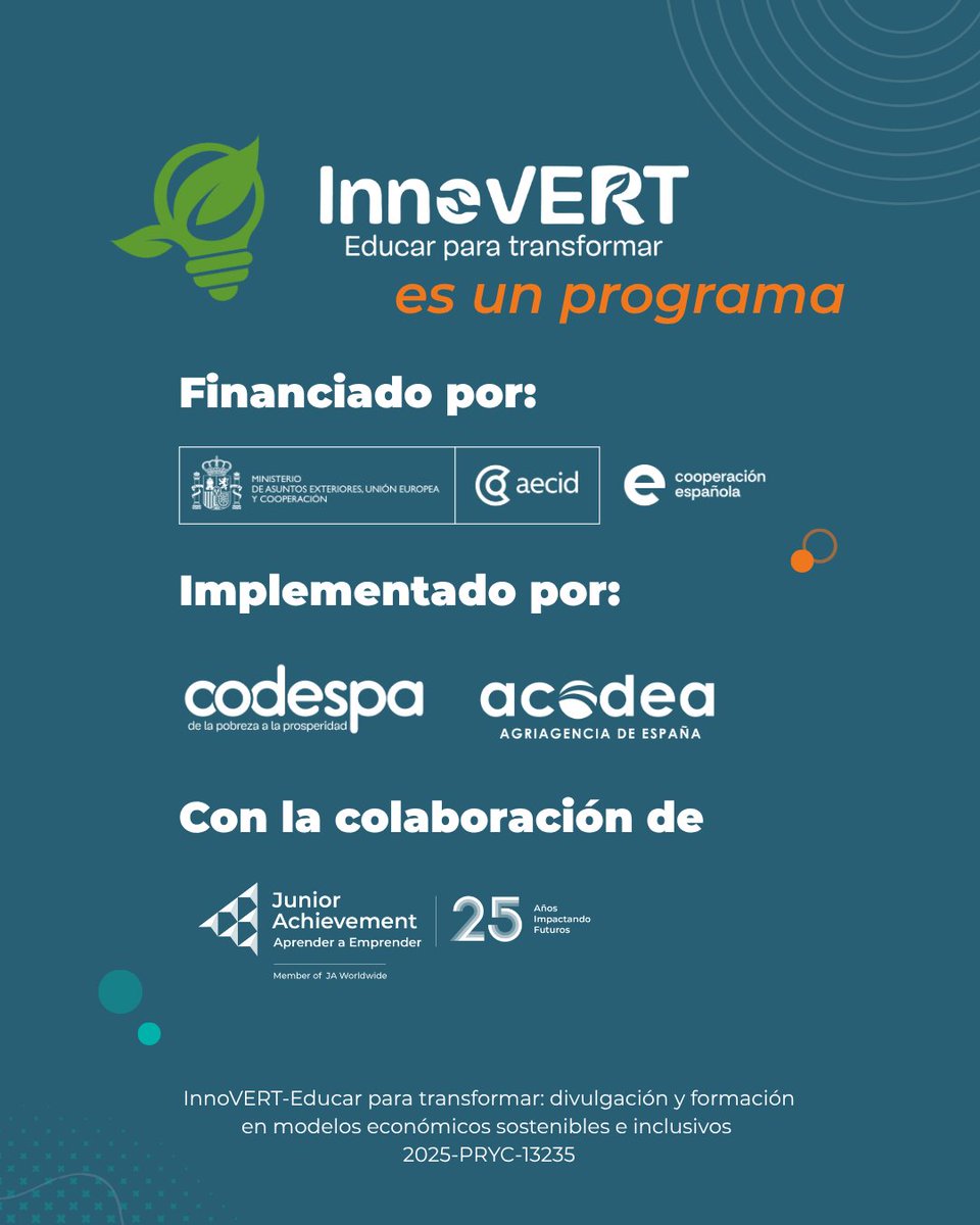 JASPAIN's tweet photo. ⚠️Ya podéis inscribiros en #InnoVERTporelClima.⚠️

Un programa gratuito dirigido a estudiantes de #ESO y #FPBásica donde crean soluciones para cuidar el planeta y que desarrollamos junto a @acodea_  y @CODESPA, con la financiación de @AECID_es .

👉https://t.co/e1JLaGCX2I https://t.co/KO5AuNRFIB