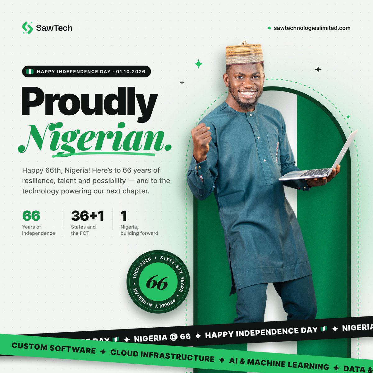 sawtechnology's tweet photo. Independence is the power to shape our own path. 
At Saw Technologies, we are proud to innovate for a brighter tomorrow and empower local talent every step of the way. 
Happy Independence Day! 💚🤍💚

#SawTechnologies #ProudlyNigerian #TechForGood #IndependenceDay2026 https://t.co/IFSbpiC2Cv