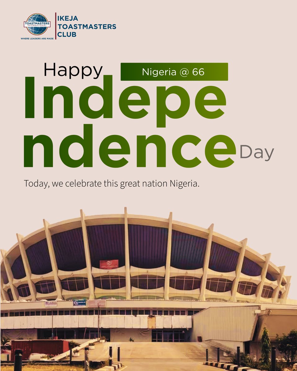 IkejaTMNigeria's tweet photo. 𝗛𝗮𝗽𝗽𝘆 𝗜𝗻𝗱𝗲𝗽𝗲𝗻𝗱𝗲𝗻𝗰𝗲 𝗗𝗮𝘆!

Ikeja Toastmasters Club wishes you a happy 𝗜𝗻𝗱𝗲𝗽𝗲𝗻𝗱𝗲𝗻𝗰𝗲 𝗗𝗮𝘆 and welcomes you to 𝗢𝗰𝘁𝗼𝗯𝗲𝗿.

#HappyIndependenceDay  #HappyNewMonth  #IkejaToastmasters https://t.co/ycVnUHZUM5