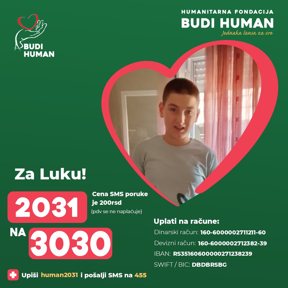 budihuman's tweet photo. Pomozimo Luki!

Upišimo 2031 i pošaljimo SMS na 3030

https://t.co/hElawxnLtL

#budihuman #jednakašansazasve #podeli #lukaživković https://t.co/18EGdj802U