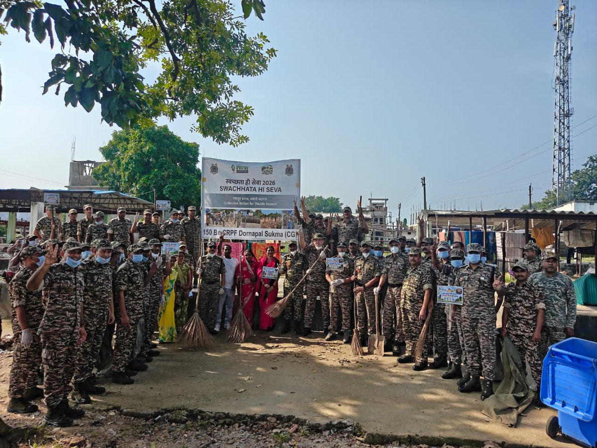 150BNCRP's tweet photo. 🧹Ek Din, Ek Ghanta, Ek Saath 🧹
150 Bn CRPF participated in Nationwide Shramdaan on 01 Oct 2026 at Sabji Mandi, Dornapal, Sukma under SHS-2026 with active participation of personnel and local citizens, promoting Jan Bhagidari and collective responsibility towards cleanliness. https://t.co/66sj5g8qoI