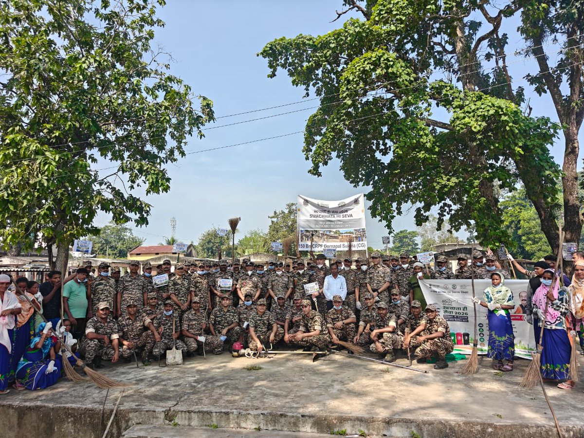 150BNCRP's tweet photo. 🧹Ek Din, Ek Ghanta, Ek Saath 🧹
150 Bn CRPF participated in Nationwide Shramdaan on 01 Oct 2026 at Sabji Mandi, Dornapal, Sukma under SHS-2026 with active participation of personnel and local citizens, promoting Jan Bhagidari and collective responsibility towards cleanliness. https://t.co/66sj5g8qoI