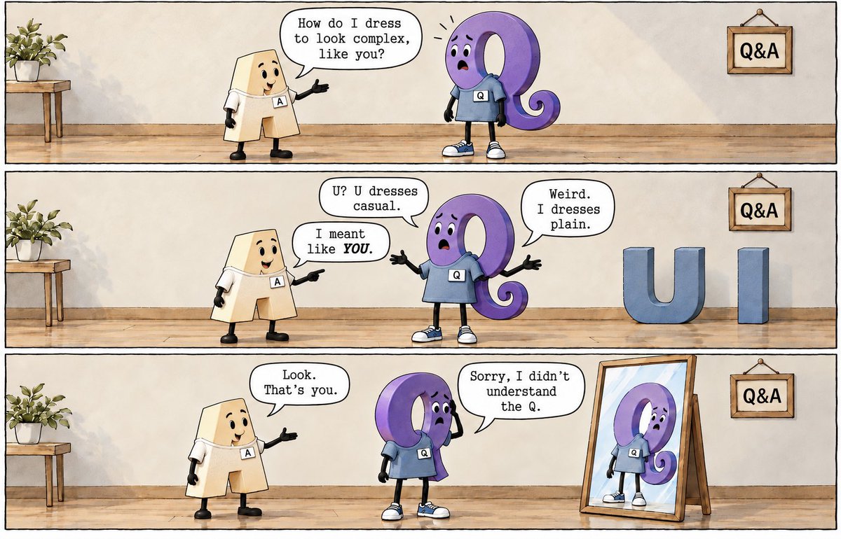 sattaiyer's tweet photo. the #OG #QnA
#comicstrip #wordplay #punny #deadpan #cartoonart #lettercomic #nerdhumor #QandA https://t.co/oDdbtumQSl