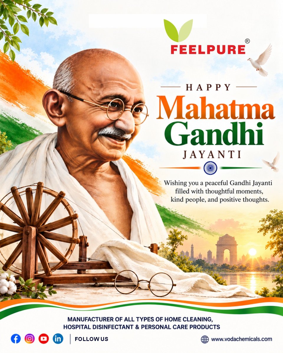 vodafeelpure's tweet photo. Voda Feelpure & Voda Chemicals Pvt. Ltd. wishes everyone a very Happy Gandhi Jayanti! 🇮🇳🙏
🌱 "Be the change you wish to see in the world."
#HappyGandhiJayanti #GandhiJayanti #vodachemicals #vodachemicalspvtltd #vodafeelpure #feelpure #odafeelpure #disinfectant #housekeeping https://t.co/6nhDMPgxTW