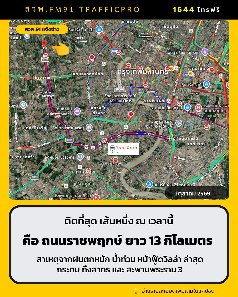 fm91trafficpro's tweet photo. "ตลิ่งชัน" เป็นพื้นที่ฝนตกหนัก และเป็นเขตที่ฝนรวมสูงสุดมากกว่าทุกเขตที่  91.5 มม. ส่งผลกระทบจราจรเลิกงาน  นอกจากถนนบรมราชชนนี  และราชดำเนินกลาง แล้ว  ถนนราชพฤกษ์ ได้รับผลกระทบอย่างหนัก !!

เพราะ หน้าฟู๊ดวิลล่าน้ำท่วมสูง เฉพาะทางขนาน   จุดนี้ ทำให้รถติดสะสม ไปถึง "สาทร "  รัชดา-ท่าพระ  ตลาดพลู  และ สะพานพระราม 3 ด้วย

#อุทกภัย #น้ําท่วม69
