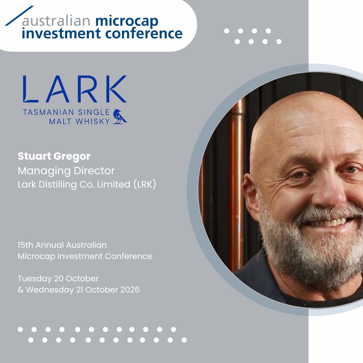 AusMicrocap's tweet photo. We are delighted to welcome Lark Distilling Co. Ltd  @LarkDistillery (LRK) to this year's Melbourne #AusMicrocap Conference 2026! Registration is open at https://t.co/RUP01KbGgc https://t.co/chiLxUcK2O