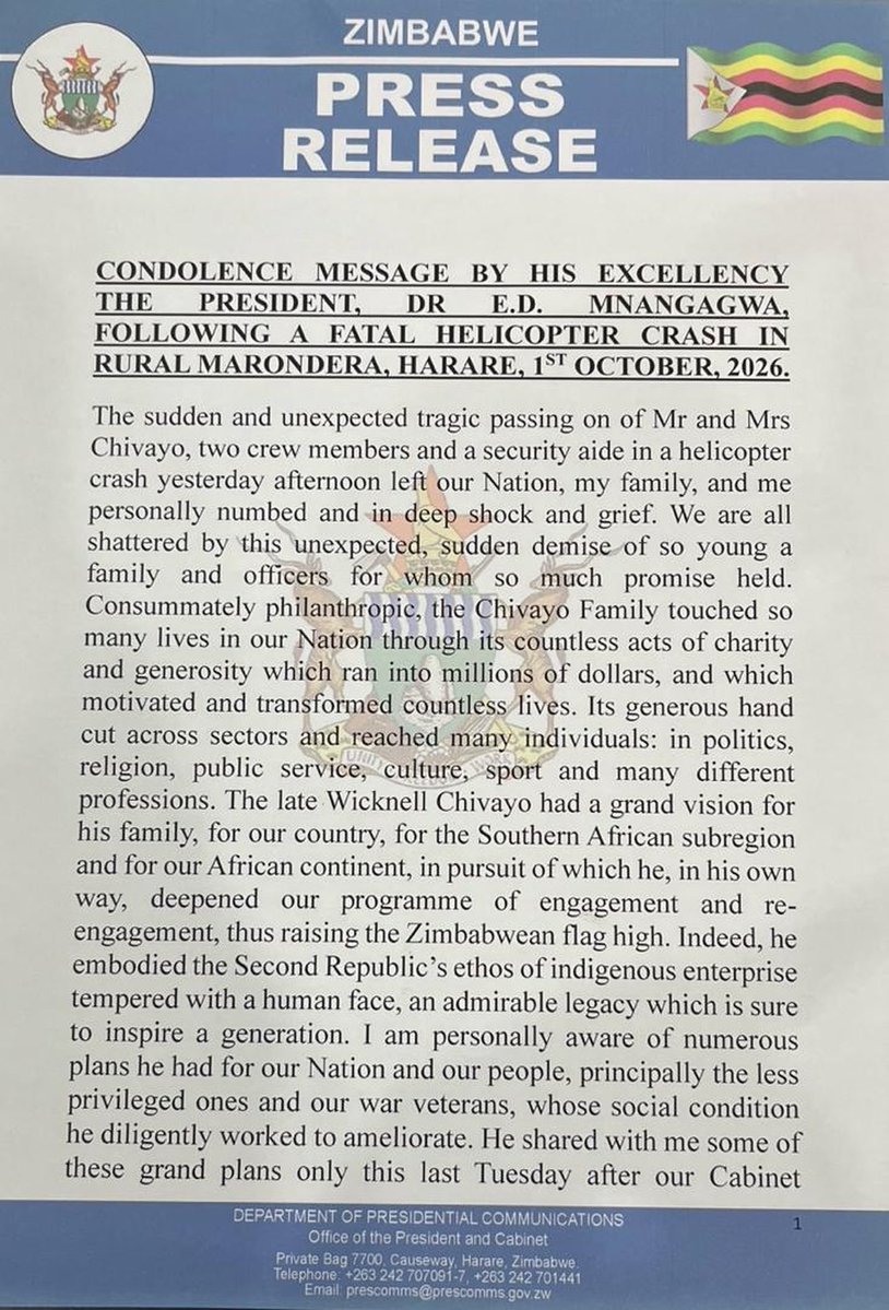Saba2102's tweet photo. Condolence message from the President of Zimbabwe. https://t.co/xbQ9254vWi