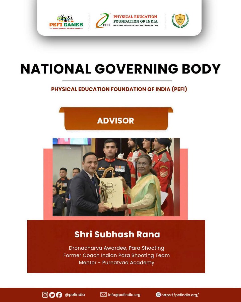 pefindia's tweet photo. Proud to announce Shri Subhash Rana as Advisor to the National Governing Body of Physical Education Foundation of India.

He brings with him the distinction of being a Dronacharya Awardee, Para Shooting

Welcome to the PEFI family, Sir!

#TeamPEFI #NationalGoverningBody #Advisor https://t.co/9yHbxsqLSP