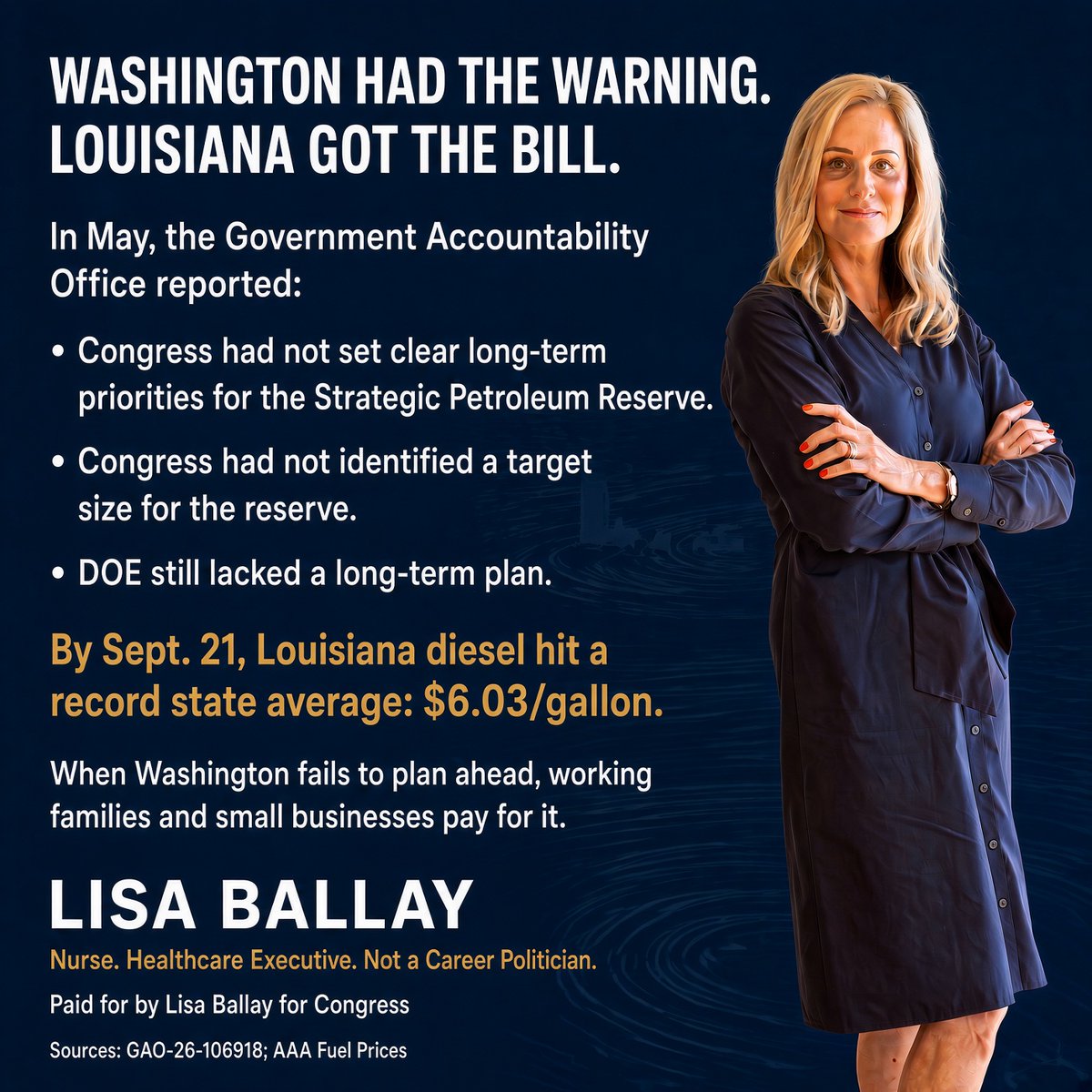 LBforCongress's tweet photo. Washington had the warning. Louisiana got the bill.
GAO said Congress still hadn’t set clear long-term priorities or a target size for the Strategic Petroleum Reserve, and DOE lacked a long-term plan. Louisiana diesel then hit a record $6.03/gal. https://t.co/8uE2COnkae
