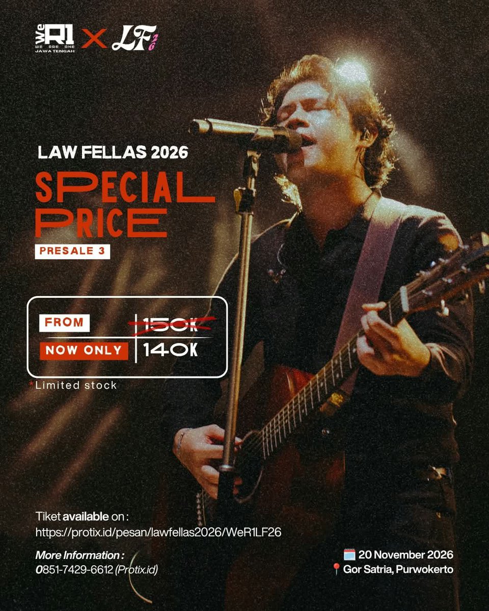 We_R1JawaTengah's tweet photo. SPECIAL PRICE is back!
Siapa yang kemarin kehabisan promo PRESALE 2?

Jangan khawatir, karena WeR1 Jawa Tengah kembali memberikan promo “Special Price” PRESALE 3 untuk teman-teman WeR1 🥳

Tiket bisa diperoleh di link berikut
https://t.co/1jMvMvdGvd

#LawFellas #WeR1JawaTengah https://t.co/AlZYWzZsAx