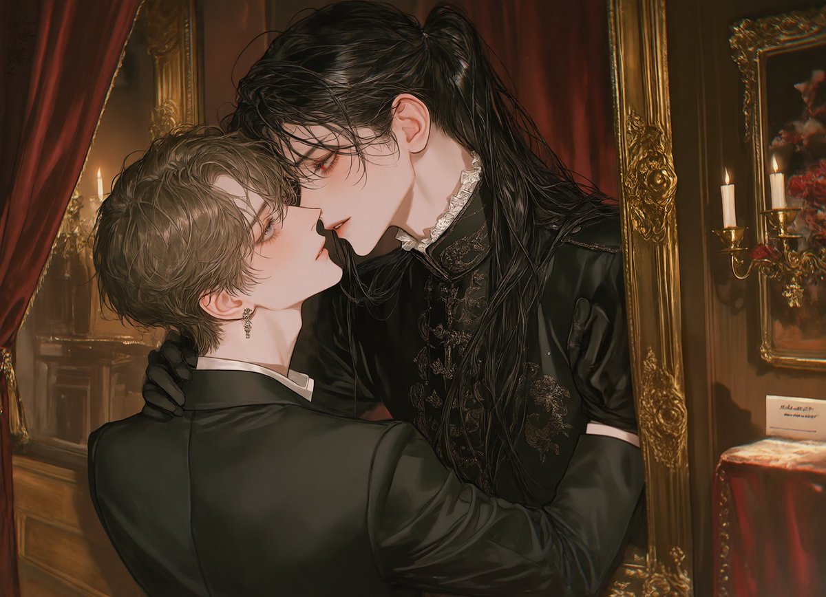 31wcq_'s tweet photo. 더 못 건드리겠다! 액자 속 남자랑 어쩌구 프롬!

(2boys:1.5), (male/male:1.3), gothic romanticism, luxurious antique gallery, warm golden lighting, deep burgundy curtains, dark polished wood, ornate gold frames, candlelight, red roses, rich shadows https://t.co/vzV6EIH7dl