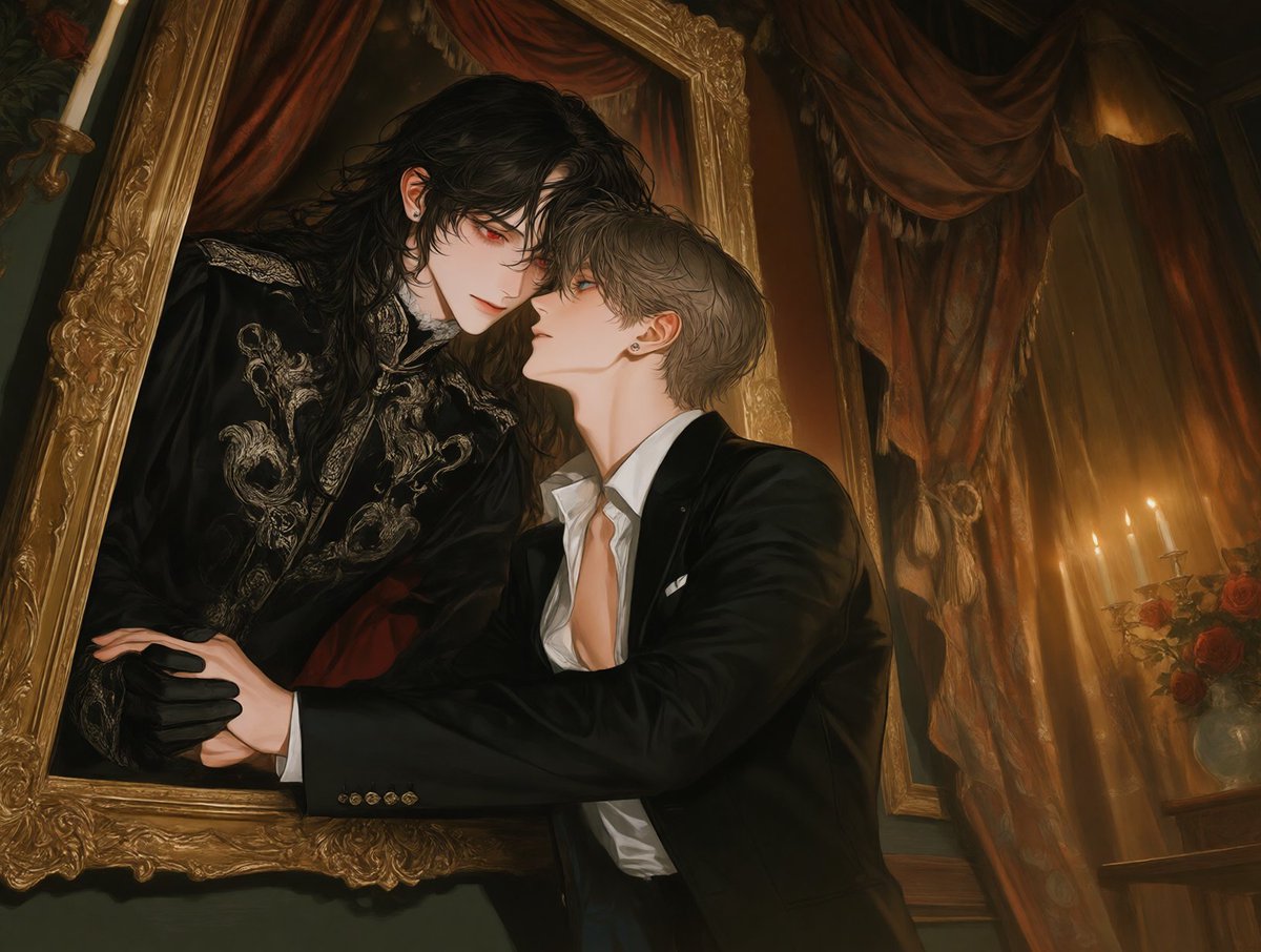 31wcq_'s tweet photo. 더 못 건드리겠다! 액자 속 남자랑 어쩌구 프롬!

(2boys:1.5), (male/male:1.3), gothic romanticism, luxurious antique gallery, warm golden lighting, deep burgundy curtains, dark polished wood, ornate gold frames, candlelight, red roses, rich shadows https://t.co/vzV6EIH7dl