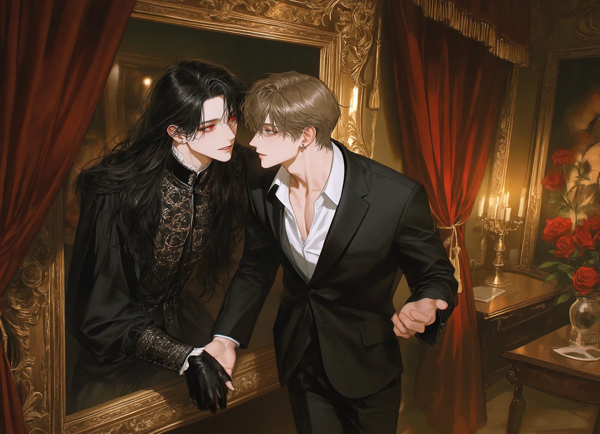 31wcq_'s tweet photo. 더 못 건드리겠다! 액자 속 남자랑 어쩌구 프롬!

(2boys:1.5), (male/male:1.3), gothic romanticism, luxurious antique gallery, warm golden lighting, deep burgundy curtains, dark polished wood, ornate gold frames, candlelight, red roses, rich shadows https://t.co/vzV6EIH7dl